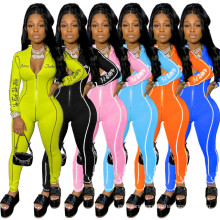 Amazion Hot Sell Sexy Zip Ladies One Piece Reflective Strip Slim Fit Bodysuit Jumpsuit for Women